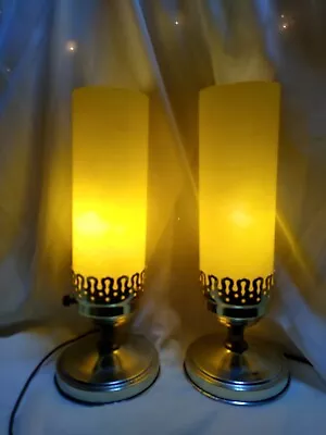 Pair Of Vintage Mid Century Boudoir Table Altar Lamps GoldenYellowGlass Cylinder • $28.59