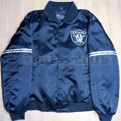 Vintage NFL Raiders Black Satin Varsity Football Jacket With Embroidered Logos • $85