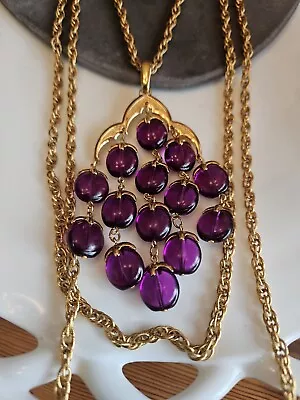 Vintage CROWN TRIFARI Gold-Tone Purple Dangle Waterfall Necklace • $49