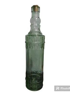 Tall Glass Bottle In Light  Green W/Raised Design On Front & Back W/Cork 12.5  • $12