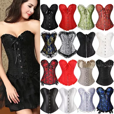 Women Sexy Lace Up Corset Overbust Boned Burlesque Basque Bustier Fancy Dress UK • £6.79
