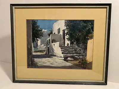MCM Watercolor Painting Mediterranean 1956 Villa Framed Signed Spain Greece • $85