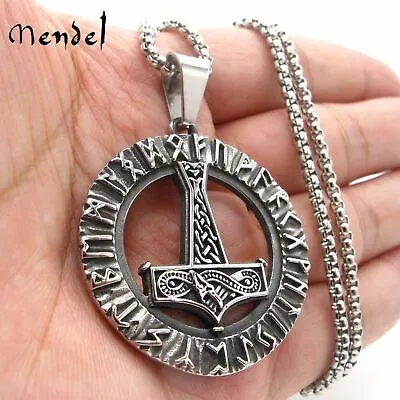 MENDEL Mens Viking Pendant Necklace Thors Hammer Mjolnir Stainless Steel Chain • $11.98