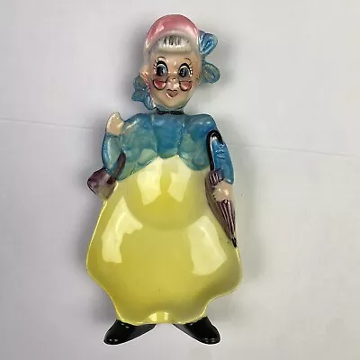 Vintage Enesco Japan Old Lady Woman Spoon Rest Ashtray Yellow Kitsch Repaired • $12.74