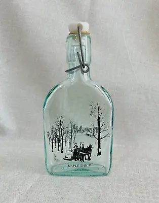 Green Clear Glass Maple Syrup Bottle Vintage Cap & Metal Closure • $18