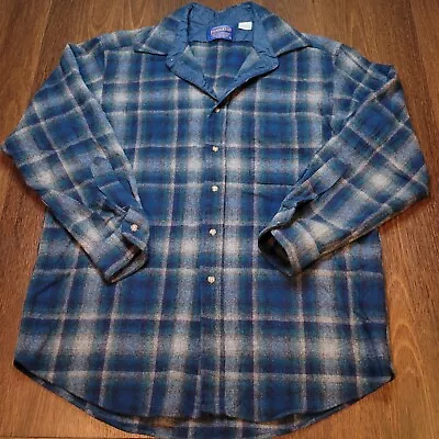 Vintage Pendleton Blue Plaid Flannel Mens L 100% Virgin Wool Made In USA • $39.99