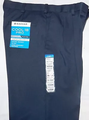 Haggar Cool 18 Pro Pants Classic Pleated Stretch Expandable Waist Heather Navy • $36.95