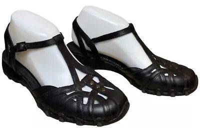 Skechers Women Size 7 Black Leather Studded ‘Caliper’ T-Strap Closed Toe Sandals • $18