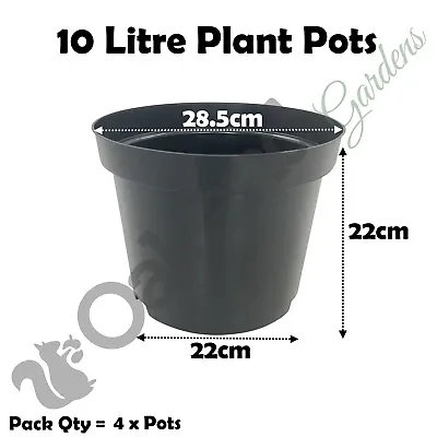 10 Litre Black Plant Pots Plastic Round Flower Pot  L LT High Quality Qty = 4 • £8.95