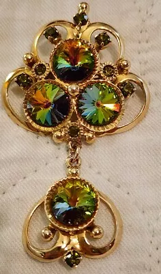 Vintage Watermelon Rivoli & Green Rhinestone Brooch With Dangle - 3  Long • $34.99