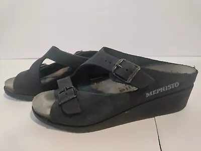 Mephisto Mobils Women 38 Black Nubuck Leather 2 Strap Wedge Sandal Slide Size 8 • $54.95