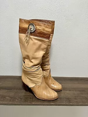 Vintage 80s Zodiac Tan Yellow Leather Heeled Knee Boots Western Rodeo Size 9 • $39.99