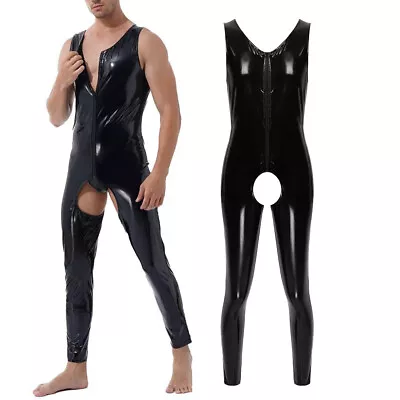 Men's Wetlook PVC Leather Zipper Crotchless Jumpsuit Latex Fetish Wear Catsuit • £27.07