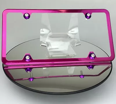 New Slim 4 Hole Pink License Plate Frame W/ Aluminum Circle Type Screw Caps VW • $19.97