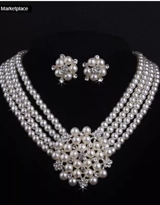 Faux Pearl And Rhinestone Multi Strand Choker Necklace Clip On Earring Set • $16.95