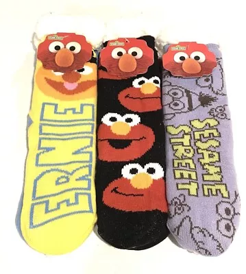 Set Of 3 - Sesame Street Sherpa Lined Nonslip Grippers Socks Elmo Bert Ernie NEW • $15.95