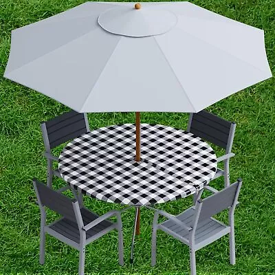 Vinyl Umbrella Round Fitted Tablecloth Cover Checkered Design Flannel Backed • $26.17