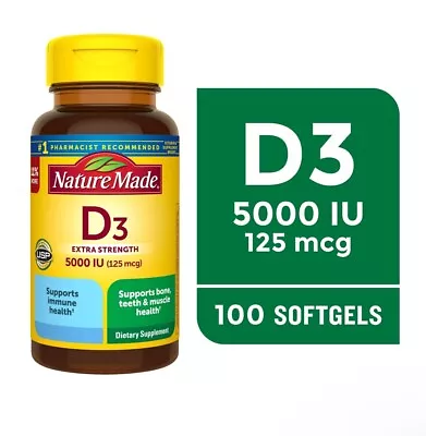 Nature Made Extra Strength Vitamin D3 5000 IU (125 Mcg) Softgels 100 Count • $13.99