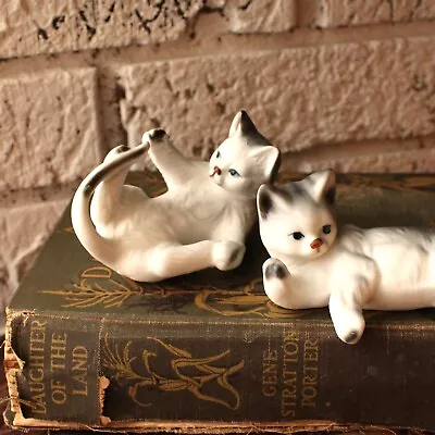 Vintage Porclain Cats Pair Of Kittens White And Gray Enesco Animals Figurine • $29