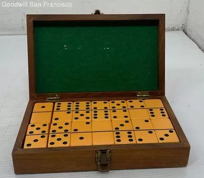 Vintage Set Of Collectible Bakelite Butterscotch Dominoes With Wood Storage Case • $36