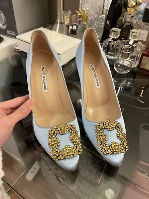 Un Used Manolo Blahnik Hangisi Powder Blue Satin Pumps • $650