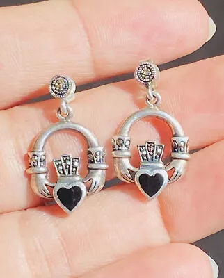 Vintage Sterling Silver Onyx Marcasite Irish Claddagh Heart Dangle Earrings • $34.99