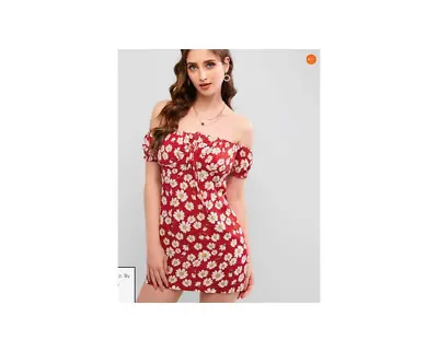 Women Floral Off Shoulder Bodycon Mini Summer Dress Red Size US 6 NWT • $15.99