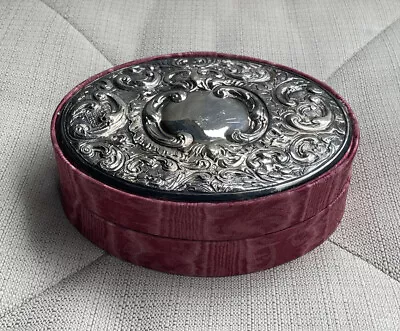 Vintage Victorian Trinket Storage Box Oval Silver Plate Tapestry Ornate Vanity • $14