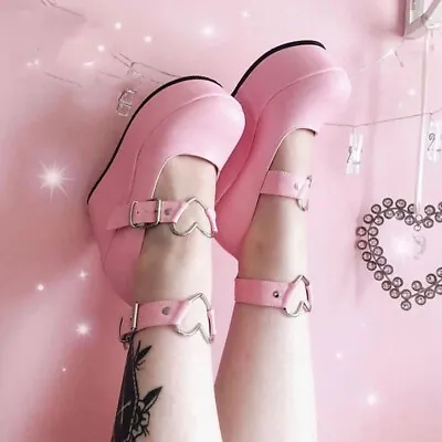 Lolita Heart Buckle Strap Platform Shoes Gothic Black Pink Kawaii Wedge Shoes • £59.66