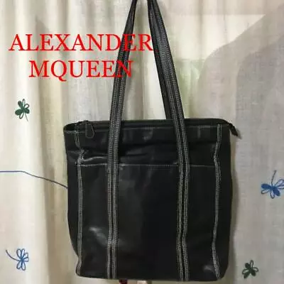 $522.60 • Buy Alexander McQueen Leather Tote Bag Zipper Black White Stitch Vintage From Japan