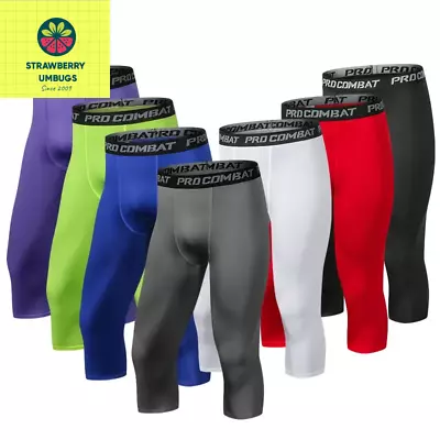 Mens Compression Pant Gym Running 3/4 Tights Quick Dry Breathable Leggings • £14.95