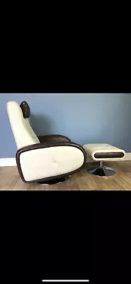 Cream Leather And Brown Swivel Easy Chair And Foot Stool In Perfect Condition • £220