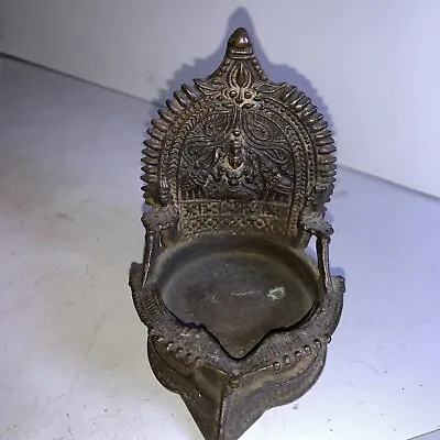 Antique Vintage Indian Bronze Gajalakshmi Lakshmi Deepam Hindu Temple Oil Lamp • $48.08
