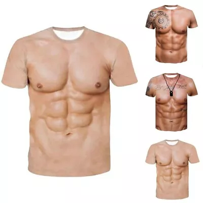 Stylish Men's Short Sleeve 3D Print T Shirt Funny Tops Chest Muscle Graphic Tee • £10.78