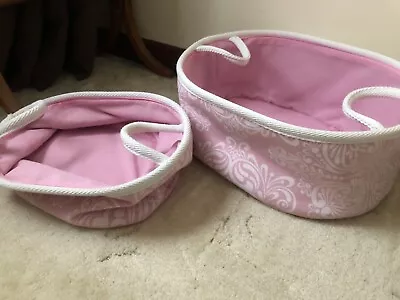 2 X LUXURY BABY NURSERY STORAGE NAPPY BASKETS PINK WHITE DESIGN HANDLES STURDY • £11.50