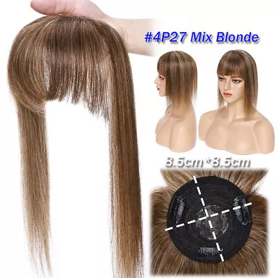 Mono Silk Base Topper With Bangs 100% Remy Human Hair Toupee Top Hairline Wig US • $51.82