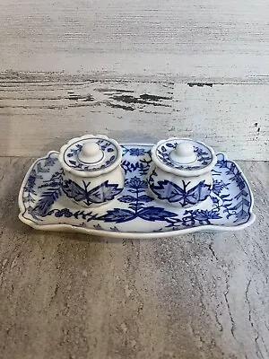 Vintage Blue And White Calligraphy Desk Set Inkwells With Tray Delft • $32