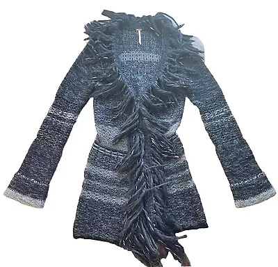 Free People Womens Wool Coat Boho Retro Black Cardigan Multi Knit Fringe 60s 70s • $38