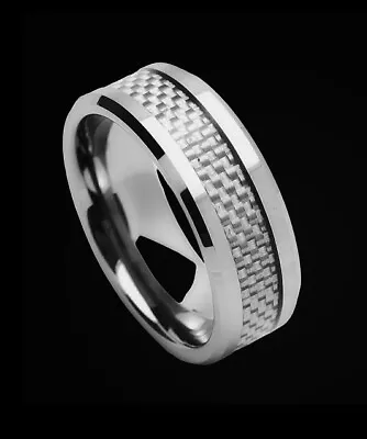 Size 14 X 8mm TUNGSTEN CARBIDE Beveled Edge Carbon Fiber Inlay COMFORT FIT BAND! • $19