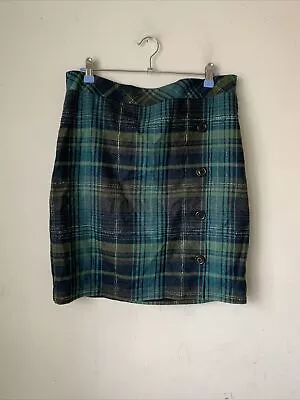 J JILL Wool Blend Lined Skirt Size 10 Plaid Blue Green Academia Button Accent • $17.47