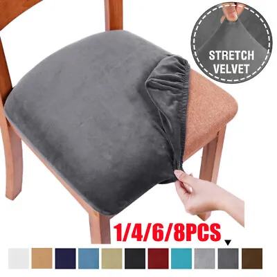 1-8 Kitchen Dining Chair Seat Covers Stretch Velvet Cushion Slipcovers Protector • £3.59