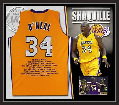 $1036 • Buy Shaquille O'Neal LA Lakers Signed & Framed Career Stats Jersey Beckett BAS 