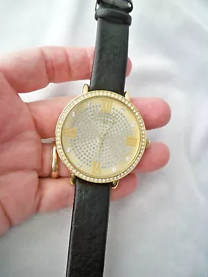 Kathy Van Zeeland Round Rhinestone Black Leather Band Watch New Battery • $24.85