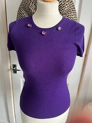 Tara Jarmon 100% Cashmere Short-sleeved Purple Jumper Pink Jewels Size Small • £19.97