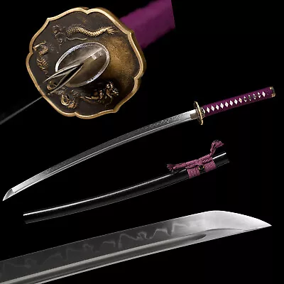 Purple Tsuba Clay Tempered T10 Steel Blade Sharp Japanese Sword Samurai Katana • $119.99