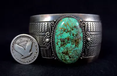 Vintage Navajo Wide Cuff Bracelet - Sterling Silver And Turquoise - 72g=2.5oz • $389