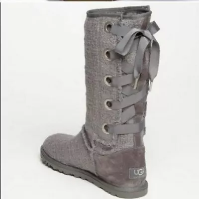 UGG Heirloom Gray Lace-up Tall Sheepskin Boots Womens 7 Ribbons Bows Coquette • $29.99