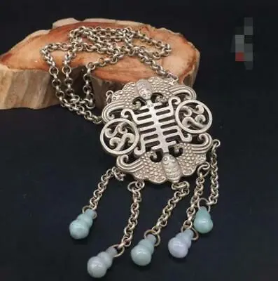 Chinese Antique Miao Silver Pendant Fu Lu Shou Pendant Gourd Jade Gourd Necklace • $36.35