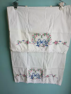 Pair Of Vintage Hand  Embroidered Pillow Cases Ivory W/ Bluebirds & Flowers • $8