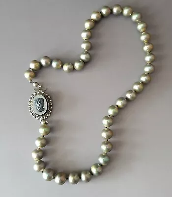 Vintage Majorica Stimulated Gray Green Pearl Necklace Black Hematite Cameo Clasp • $32.95